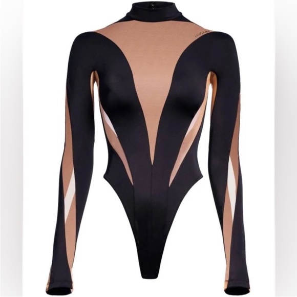Mugler Tops - Mugler x H&M Black and Nude Long-Sleeve Sheer-Panel Bodysuit